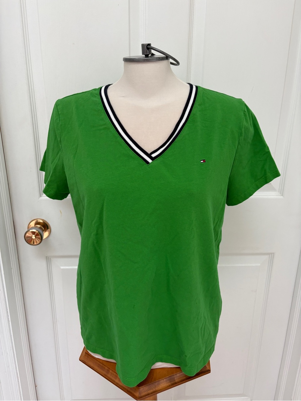 Tommy Hilfiger Green V-Neck Short Sleeve Tee with Black & White Trim